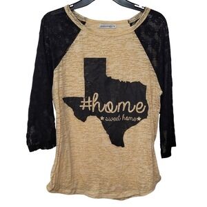 Sunshine & Rodeos Texas Home Raglan Top Womens XL Tan Black Lace Sleeve Burnout